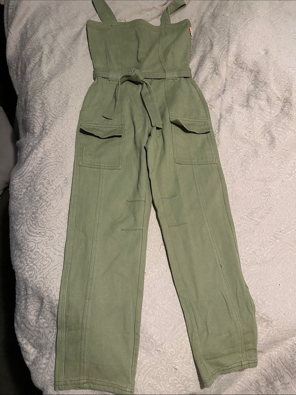 Chelsea & Violet Olive Green Strap Utility Jumpsuit with Tie Waist